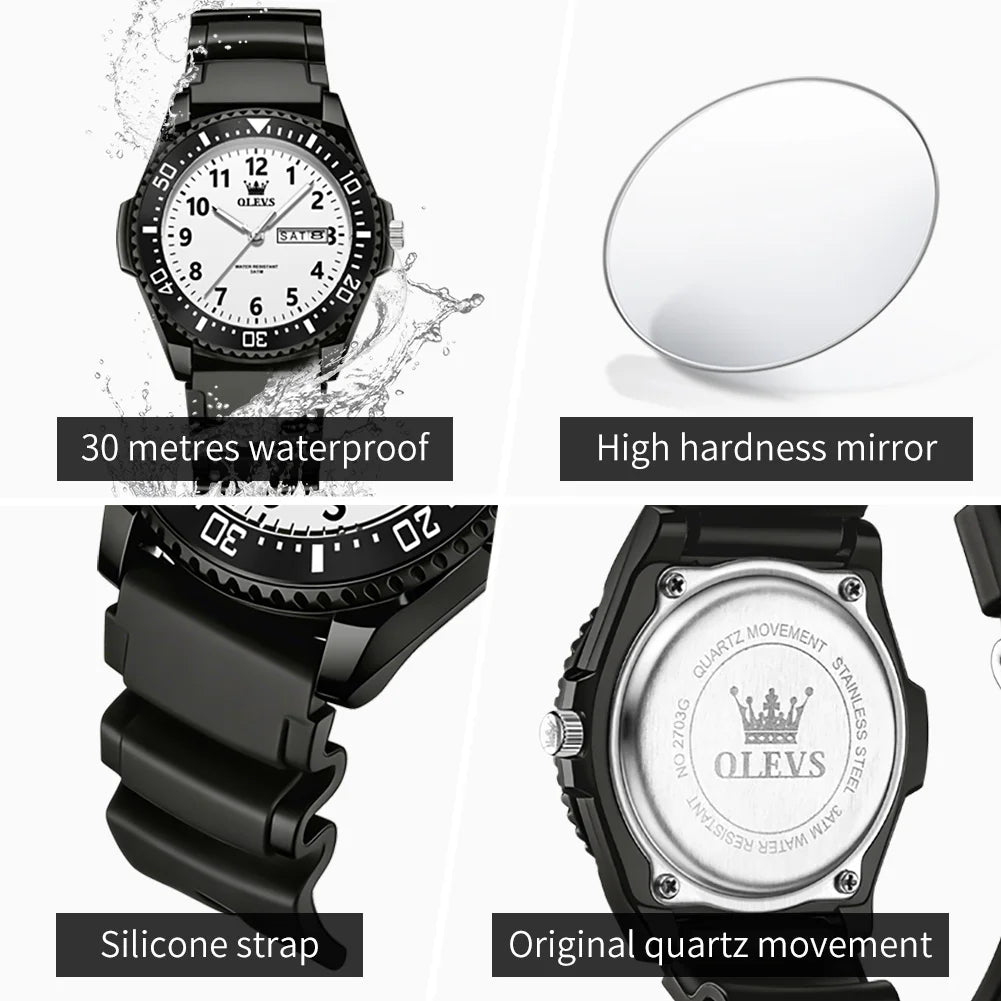 OLEVS Unisex Quarz-Armbanduhr für Schüler, wasserdicht, Datumsanzeige, Wochentag, Silikonarmband, für Jugendliche, Jungen, Mädchen, Schuluhr 2703