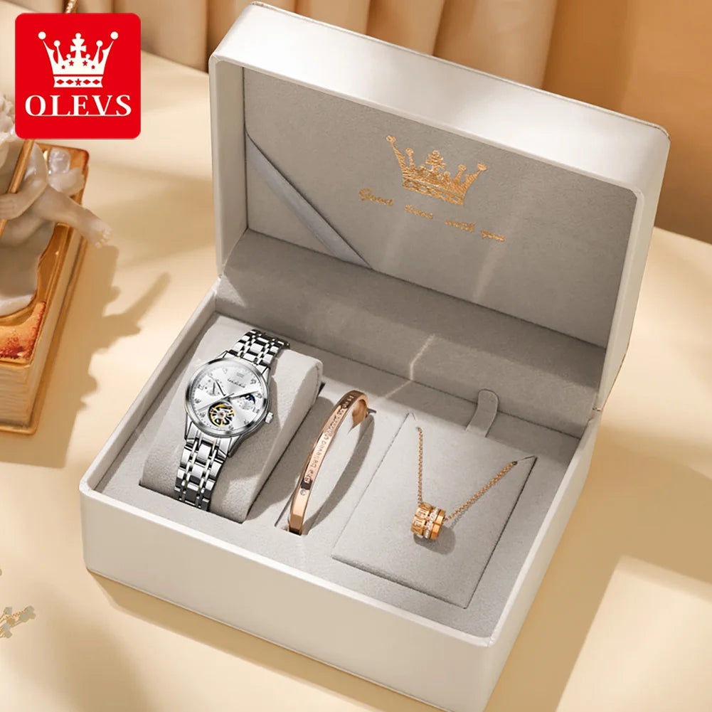 OLEVS Automatische mechanische Uhren für Damen, wasserdicht, leuchtend, Mondphase, Handuhr, Original Luxus Damenarmbanduhren 6608