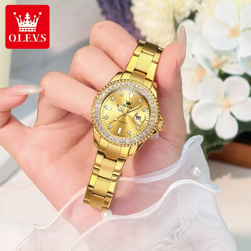 OLEVS 9945 Armbanduhr für Damen, klassisch, modisch, Datum, wasserdicht, Quarz, Damen-Kleideruhr, Luxus-Diamantskala, Originaluhren
