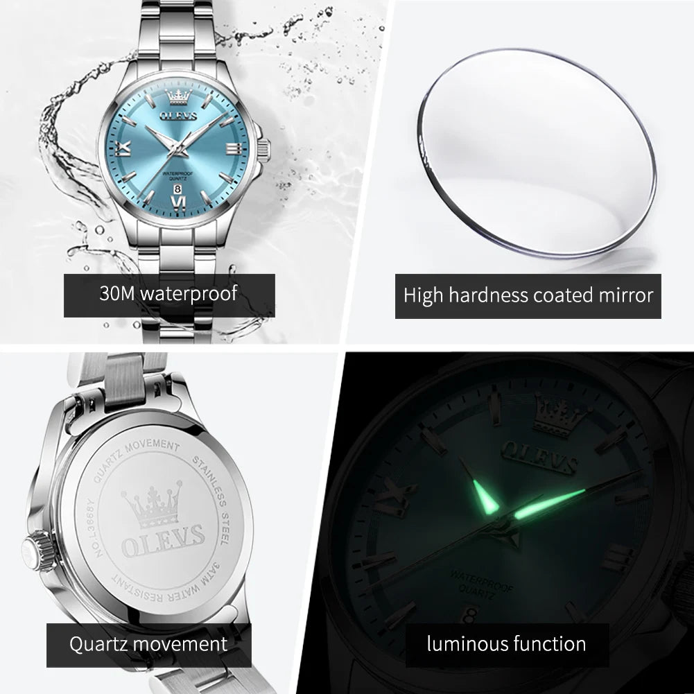 OLEVS 3668 Damenuhr, hochhartes beschichtetes Spiegelglas, Quarzuhr für Damen, Top-Marke, Kalender, 30 m wasserdicht, modische Armbanduhr