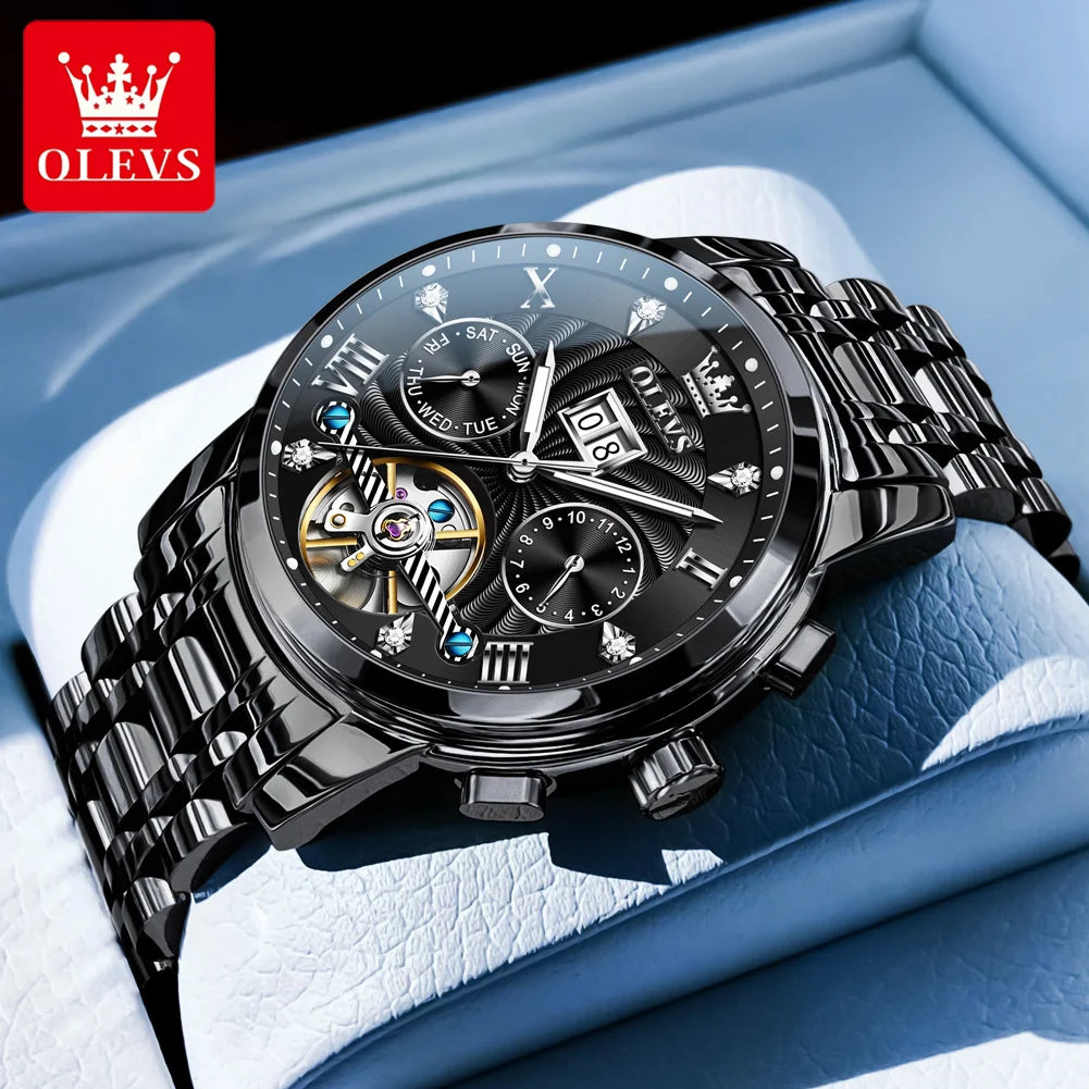 OLEVS 9910 Herrenuhr Luxus Business Mechanische Uhr für Herren Hohl Roman Skala Wasserdicht Leuchtender Kalender Herren-Armbanduhr