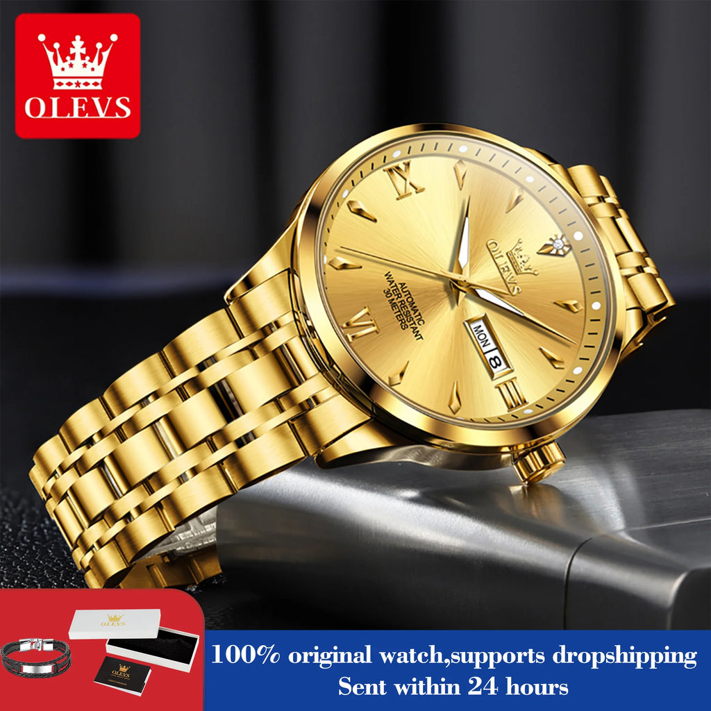OLEVS 9956 Herrenuhr Stahlarmband Luxus Automatikuhr für Herren Original Mode Wasserdicht Mechanische Uhr Doppelkalender