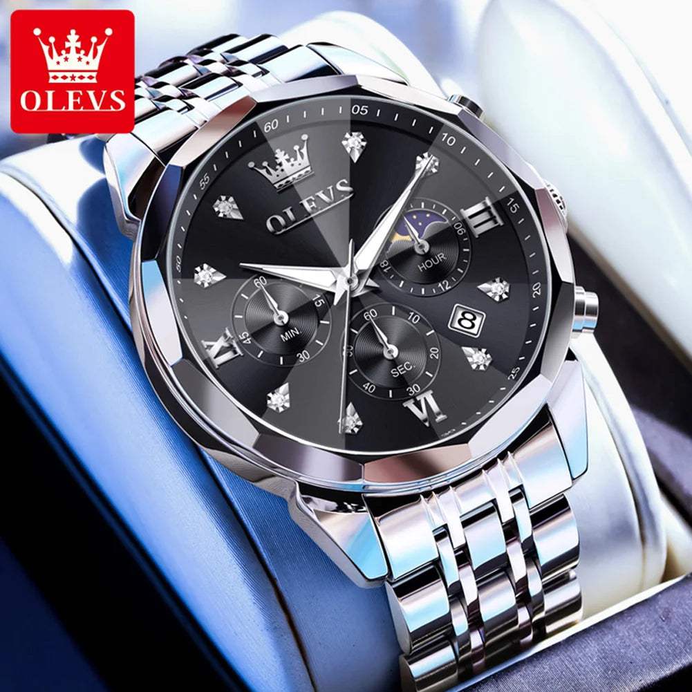 OLEVS 3670 Men's Watch Fashion Date Moon Phase Luminous Quartz Watch For Men Luxury Chronograph Waterproof Business Hand Clock