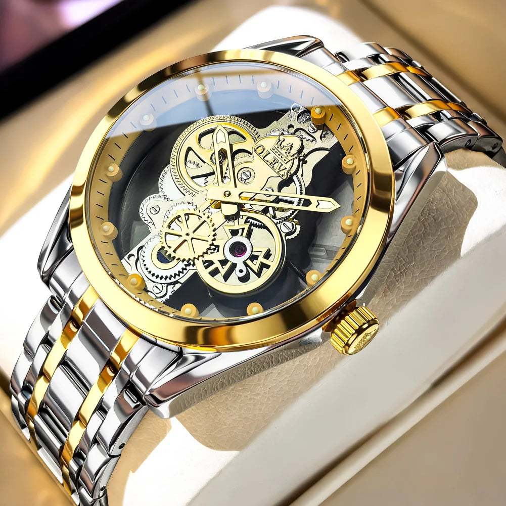 OLEVS 3725 Luxus Herrenuhren 40mm großes Zifferblatt Mode Business Skelett Quarz Uhr für Herren Wasserdicht Leuchtende Herrenuhr