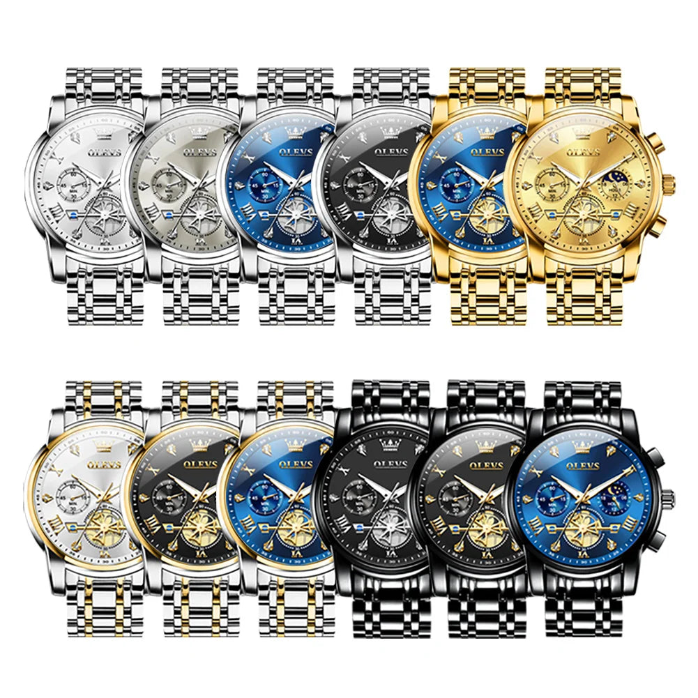 OLEVS 42mm Herrenuhr mit großem Zifferblatt, Mondphase, 24-Stunden-Anzeige, wasserdichte Quarz-Herrenarmbanduhr, Original Luxus Armbanduhr 2856