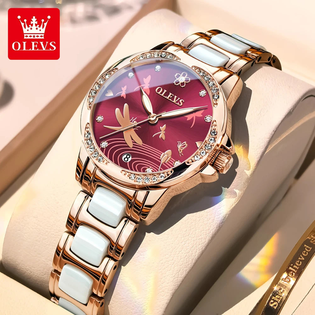 OLEVS Uhren Damen 6610 Automatische Mechanische Uhr Diamantskala Original Uhren für Frauen Kalender Luxus Kleideruhr