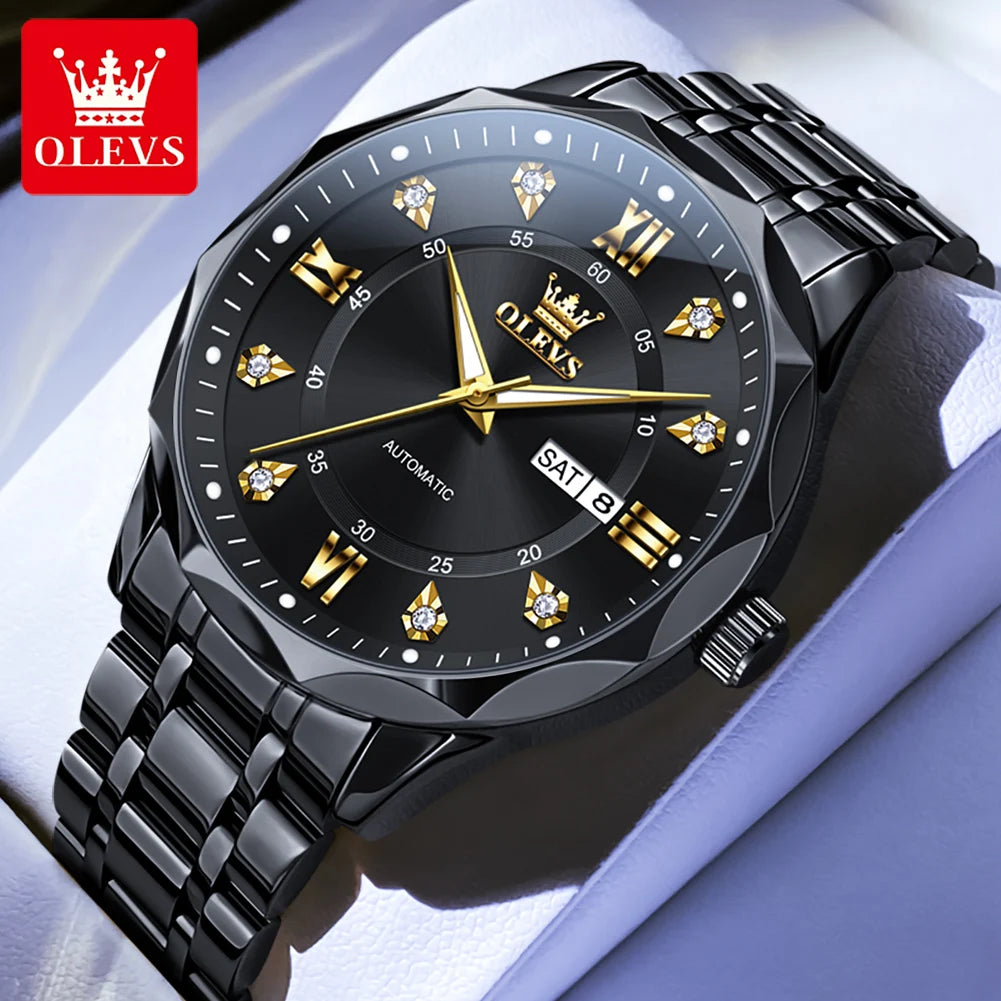 OLEVS 6727 Herren Automatikuhr Luxus Dual Kalender Mechanische Armbanduhr für Herren Zirkonskala Edelstahlarmband Wasserdichte Herrenuhr