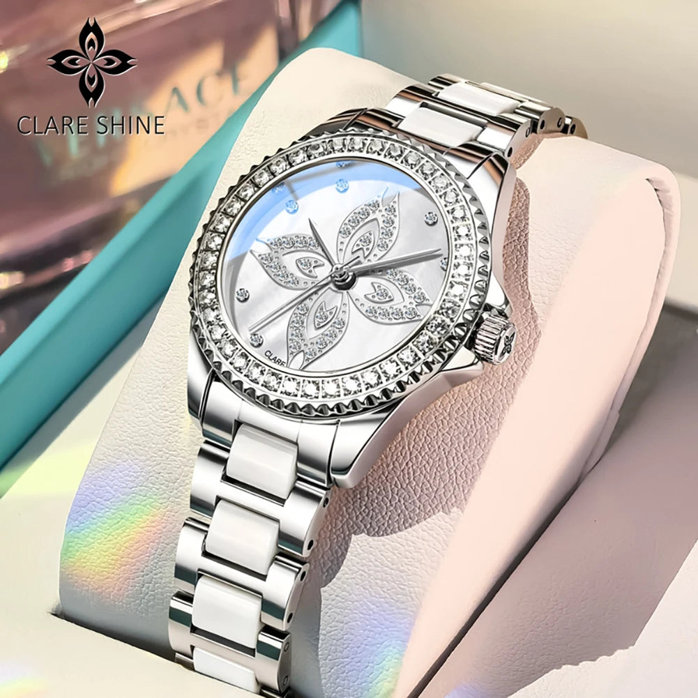 CLARE SHINE 1806 Kadın Saatleri Moda Zarif Seramik Kuvars Kol Saati Su Geçirmez Işıklı Lüks Bayan El Saati Markası
