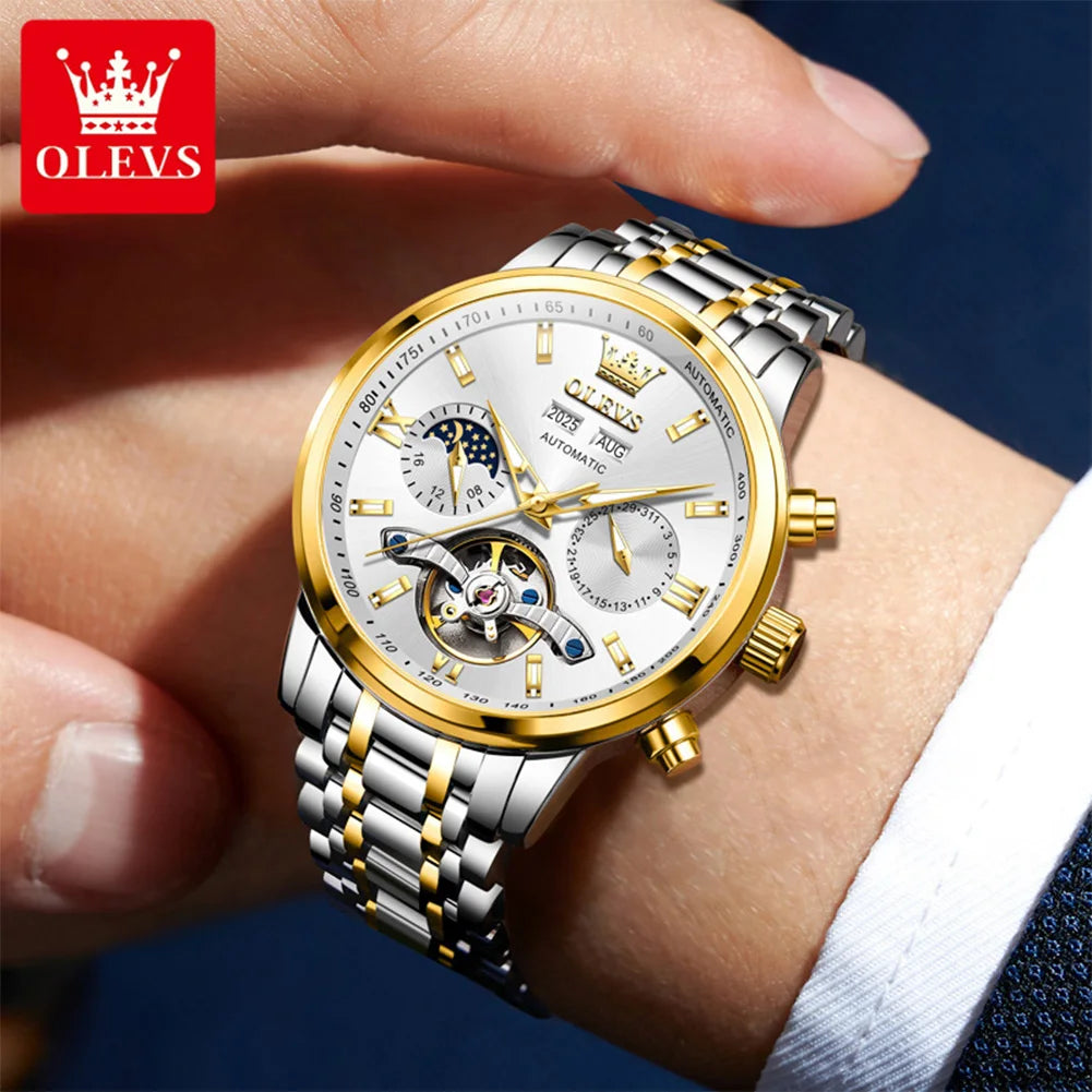 OLEVS 6740 Uhren für Herren, original luxuriöse Automatikuhren mit Schwungrad, Mondphase, wasserdicht, leuchtende Geschenke