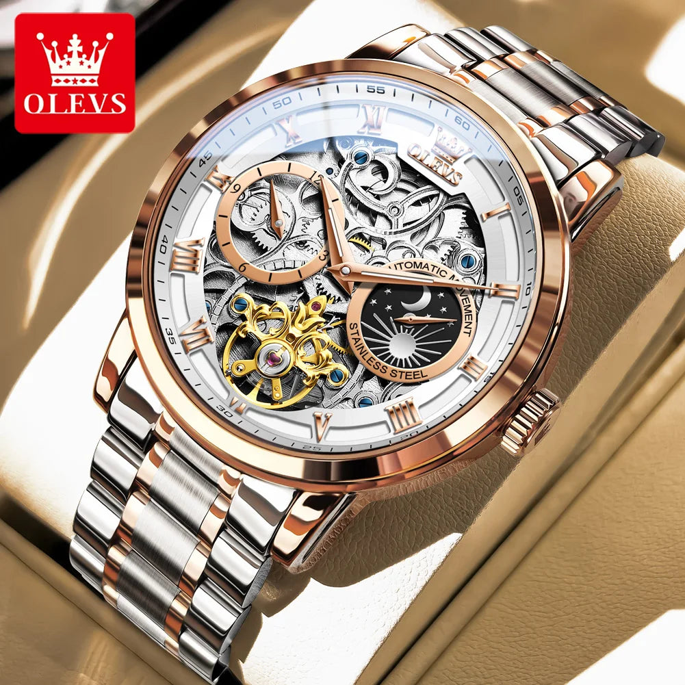 OLEVS Herrenuhr Original Luxusmarke Skelett Mechanische Armbanduhr Mondphase Wasserdicht Business Herrenuhr 6670