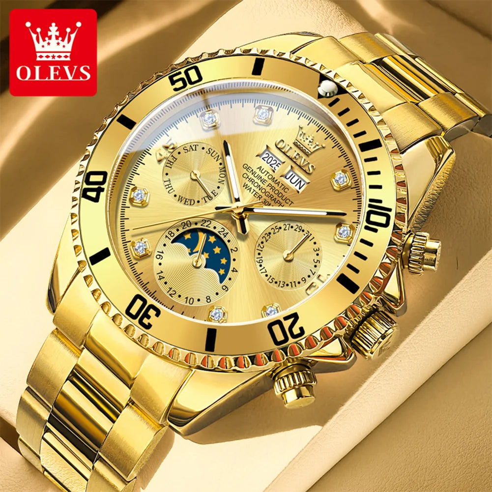 OLEVS 6729 Herren Automatikuhr Luxus Business Mondphase Mechanische Uhr für Herren 30M Wasserdicht Kalender Original Handuhr
