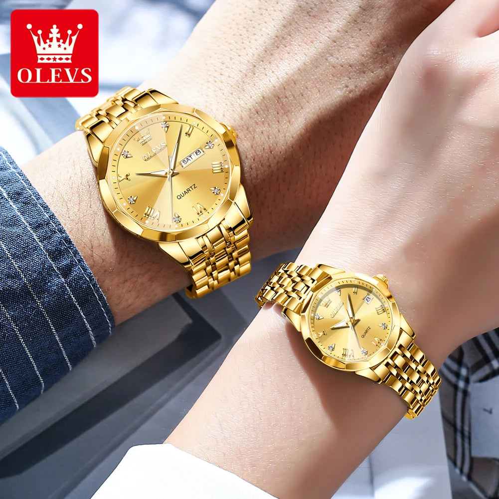 OLEVS 9931 Uhr für Herren und Damen Römische Skala Quarz-Paaruhr Rhombus-Spiegel Automatisches Datum Armbanduhr Luxus Wasserdichte Handuhr