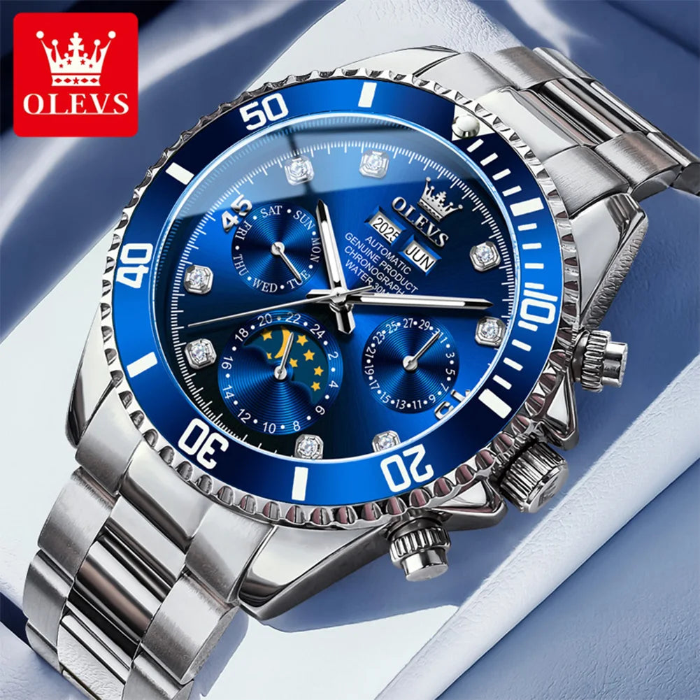 OLEVS 6729 Herren Automatikuhr Luxus Business Mondphase Mechanische Uhr für Herren 30M Wasserdicht Kalender Original Handuhr