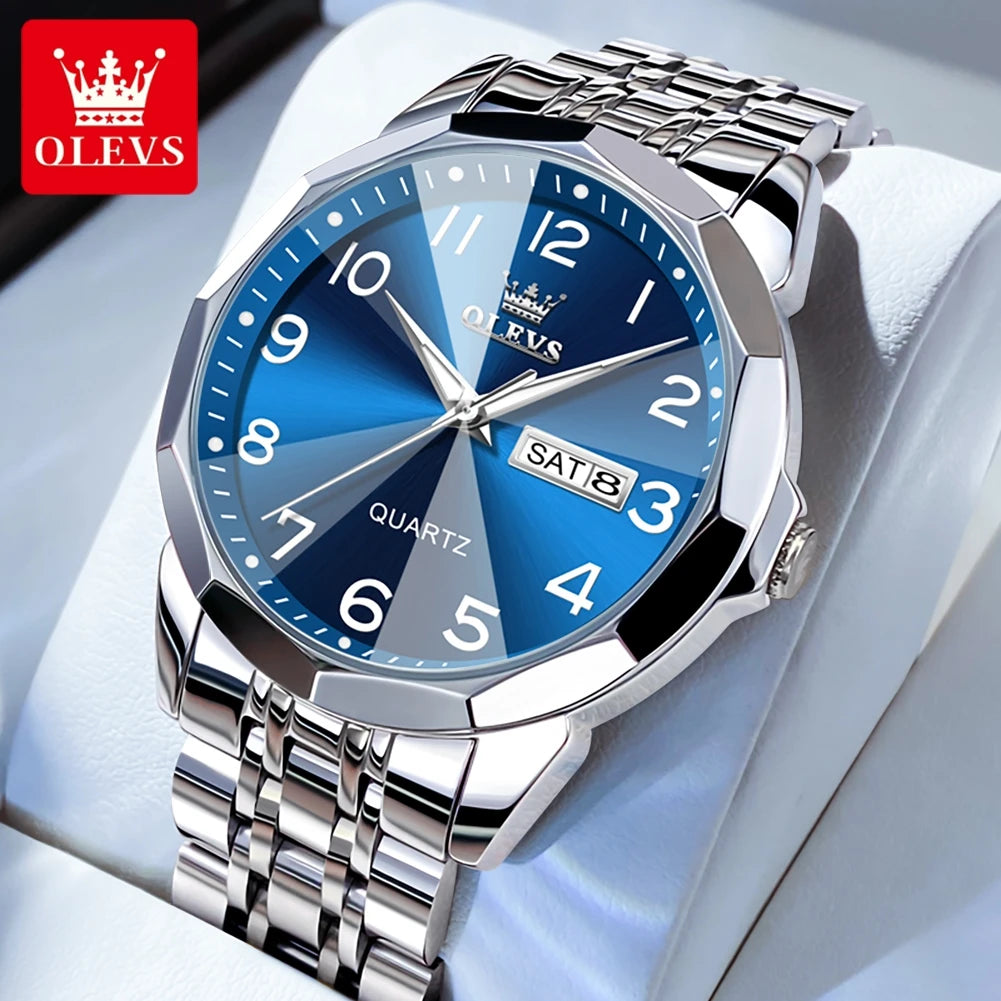 OLEVS 9970 Paar-Armbanduhr für Herren und Damen, luxuriöses Zifferblatt, Rhombus-Spiegel, Quarz-Handuhr, Edelstahl, originale Kleideruhren