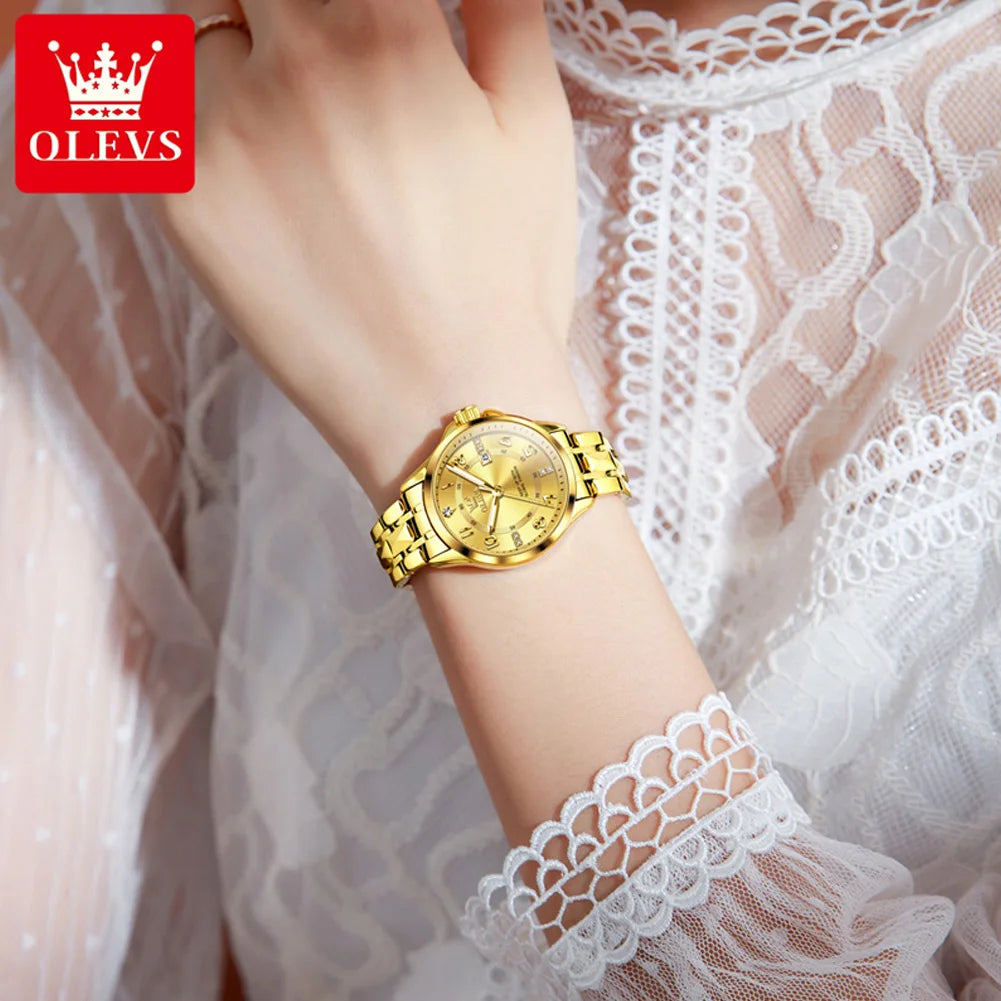 OLEVS 2910 Quarzuhr für Damen Edelstahl Wasserdicht Kalender Luxus Damenuhr Zifferblatt mit Nummernskala Damenuhren