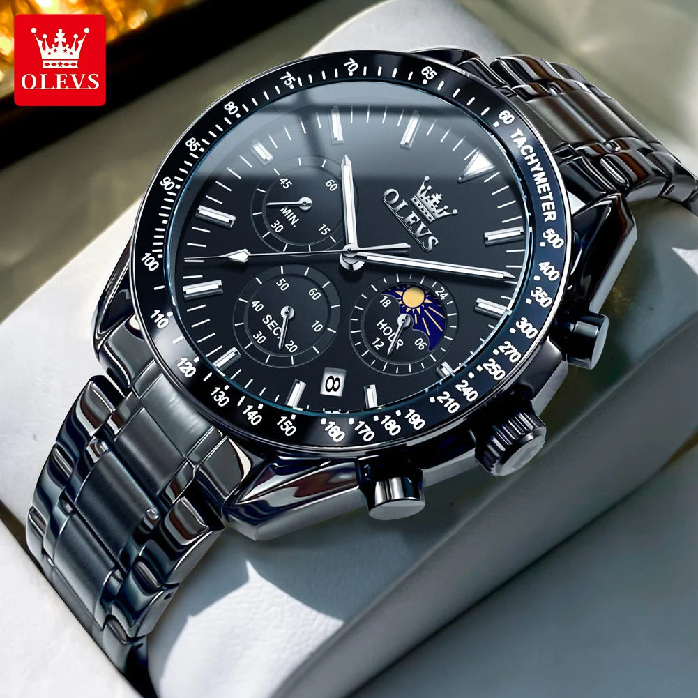OLEVS 3618 Quartz Watch For Men Original Chronograph Moon Phase 24 Hours Display Hand Clock Stainless Steel Top Brand Man Watch