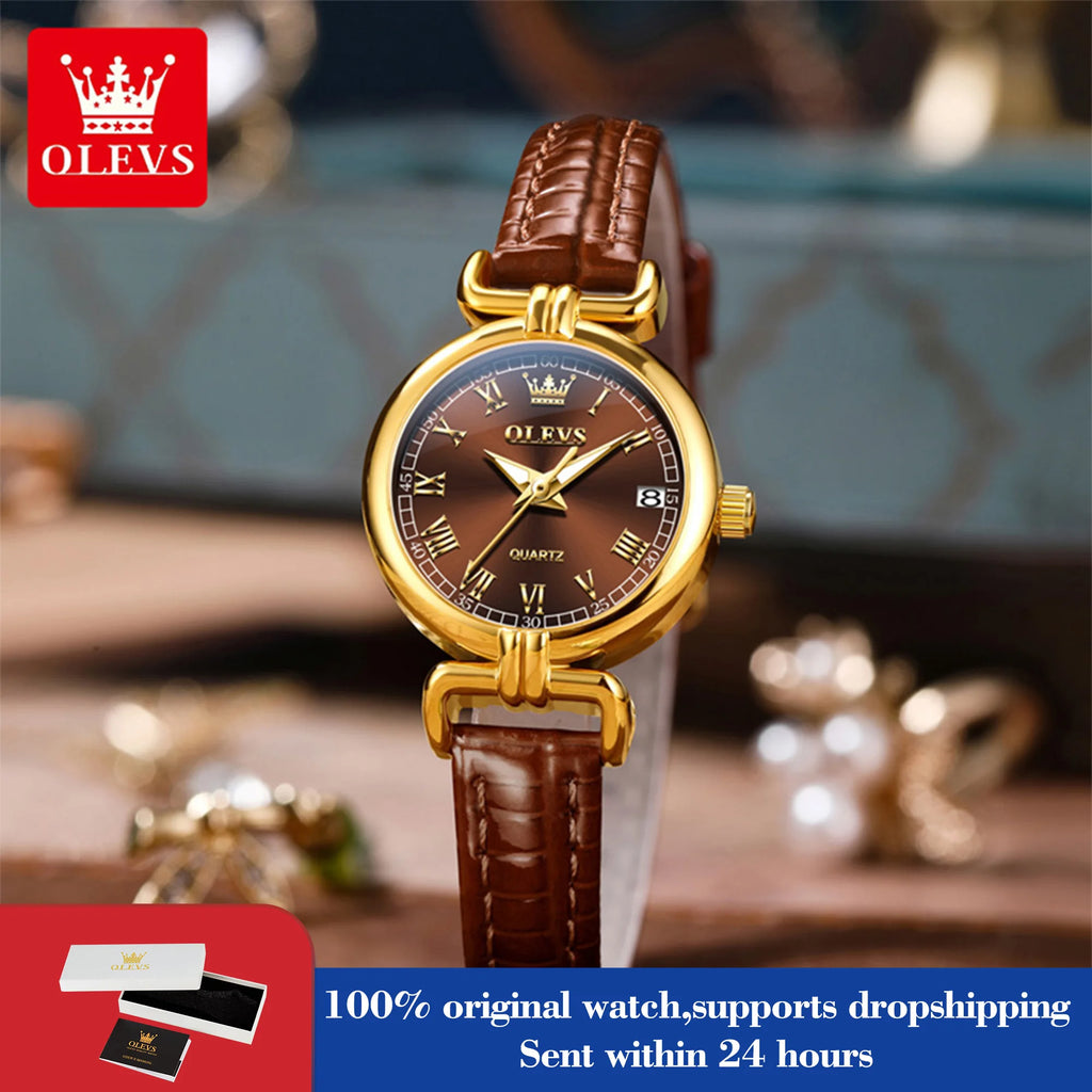 OLEVS 5645 Damenuhr Lederarmband Datum Quarzuhr für Damen Hochfeste Spiegelskala im römischen Stil Mode Damenuhr