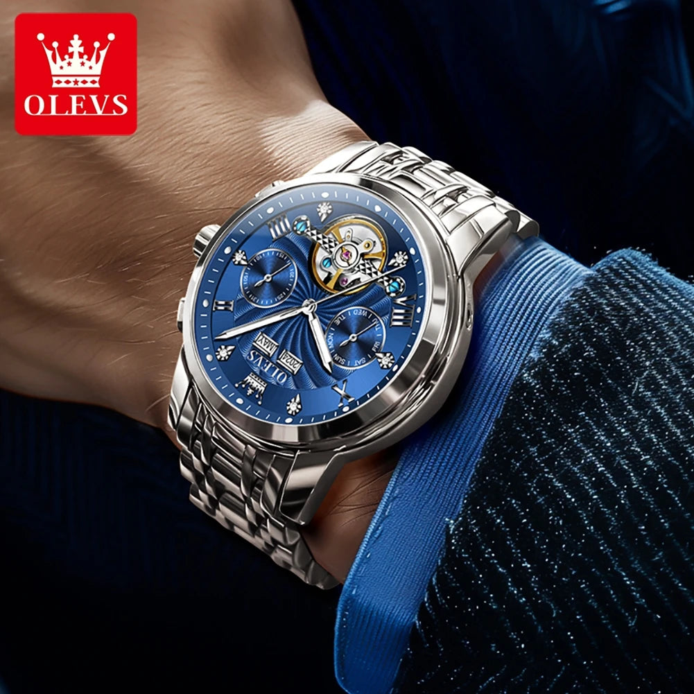 OLEVS Herrenuhr Mode Kalender Mechanische Uhr für Herren Original Hohl-Stahlarmband Business-Armbanduhr Tief wasserdicht 7088