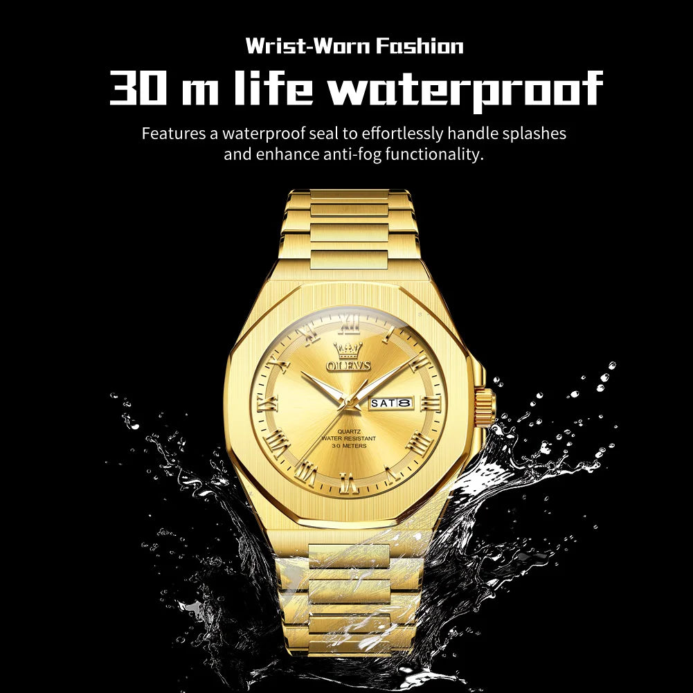 OLEVS 3727 Herrenuhren Wasserdicht Leuchtend Wochentag Datum Quarzuhr Edelstahl Luxusuhren für Männer Hochwertige Uhr