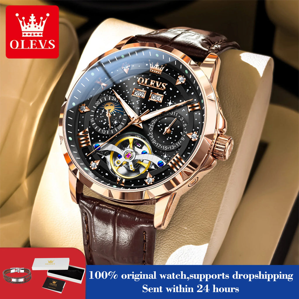 OLEVS 6690 Herrenuhr, hohle Mode-Datumsuhr, mechanische Uhr für Männer, Mondphase, tief wasserdicht, leuchtend, Original Herren Armbanduhr