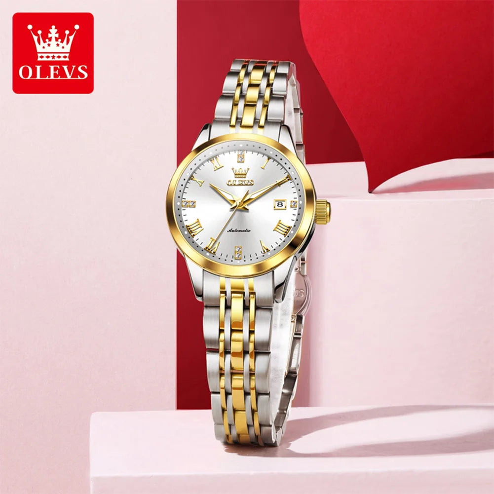 OLEVS 7062 Damenuhr Luxuriöse leuchtende wasserdichte Edelstahluhr mit automatischem Datum Mechanische Uhr für Damen mit römischen Ziffern