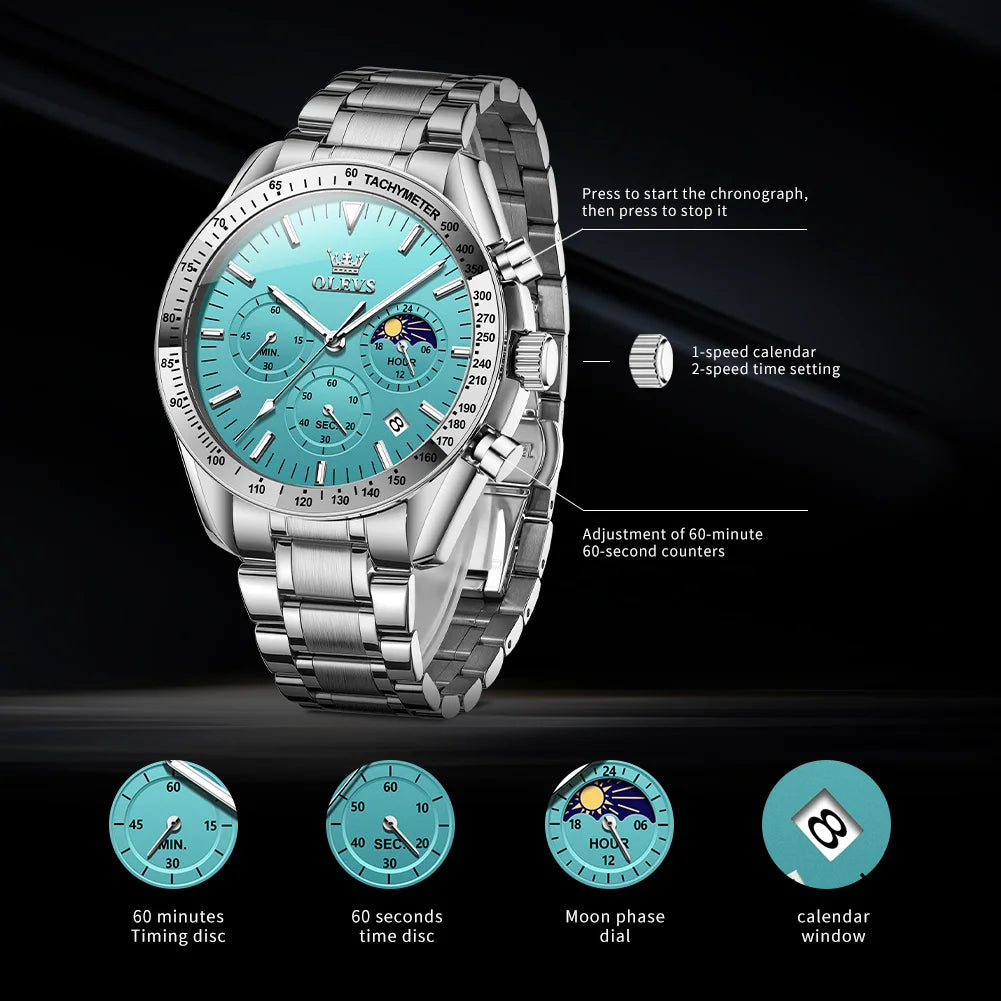 OLEVS 3618 Quartz Watch For Men Original Chronograph Moon Phase 24 Hours Display Hand Clock Stainless Steel Top Brand Man Watch