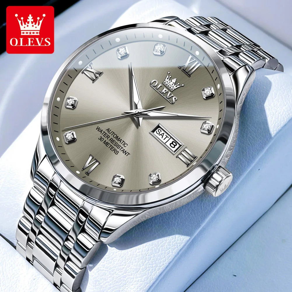 OLEVS Uhren Luxus Herren Business Diamantskala Automatik Mechanische Uhr Doppelkalender Wasserdicht Herren Armbanduhr 9946