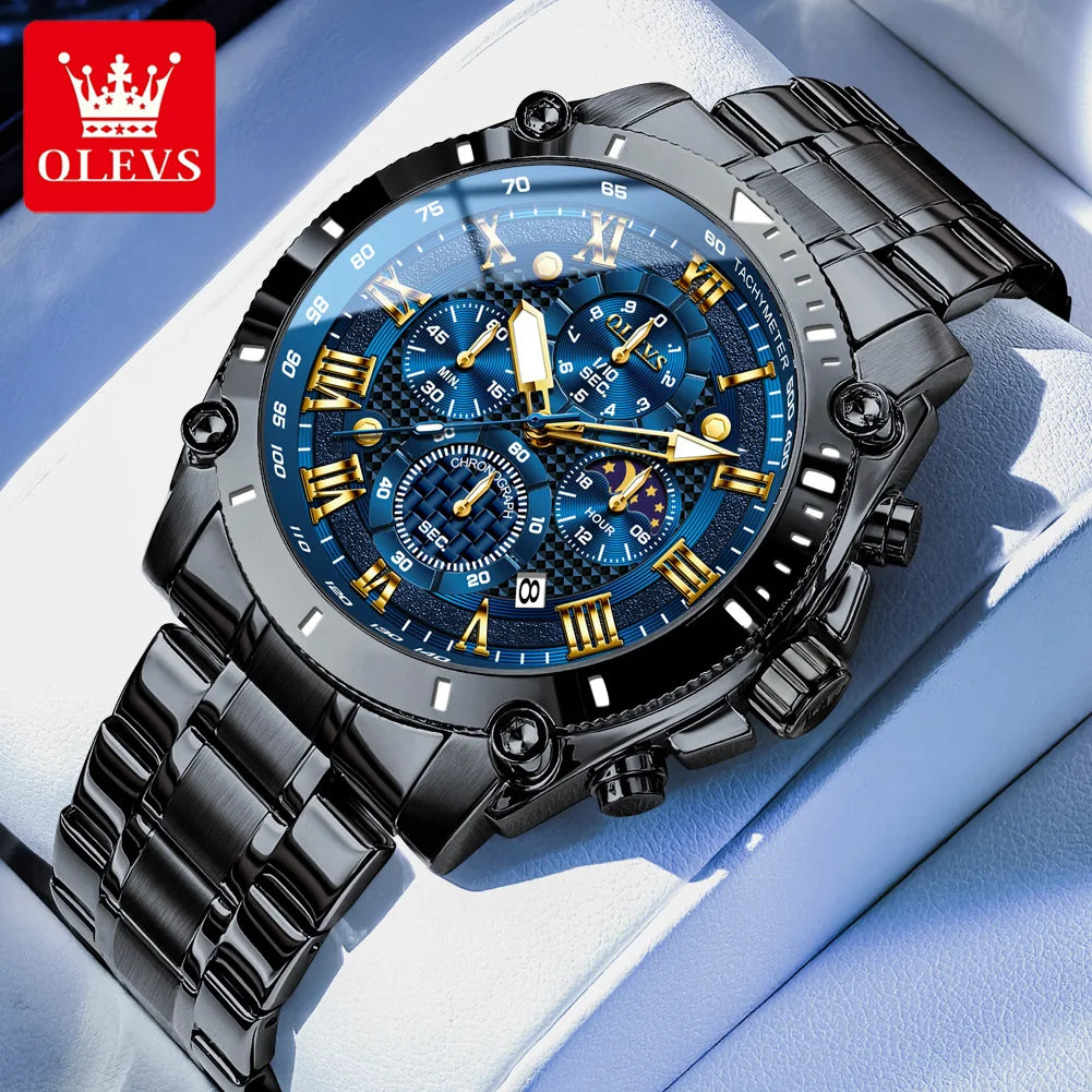 OLEVS 3689 Quartz Men Watch Fashion Original 47mm Big Dial Roman Scale Moon Phase Watch For Men Calendar Waterproof Hand Clock