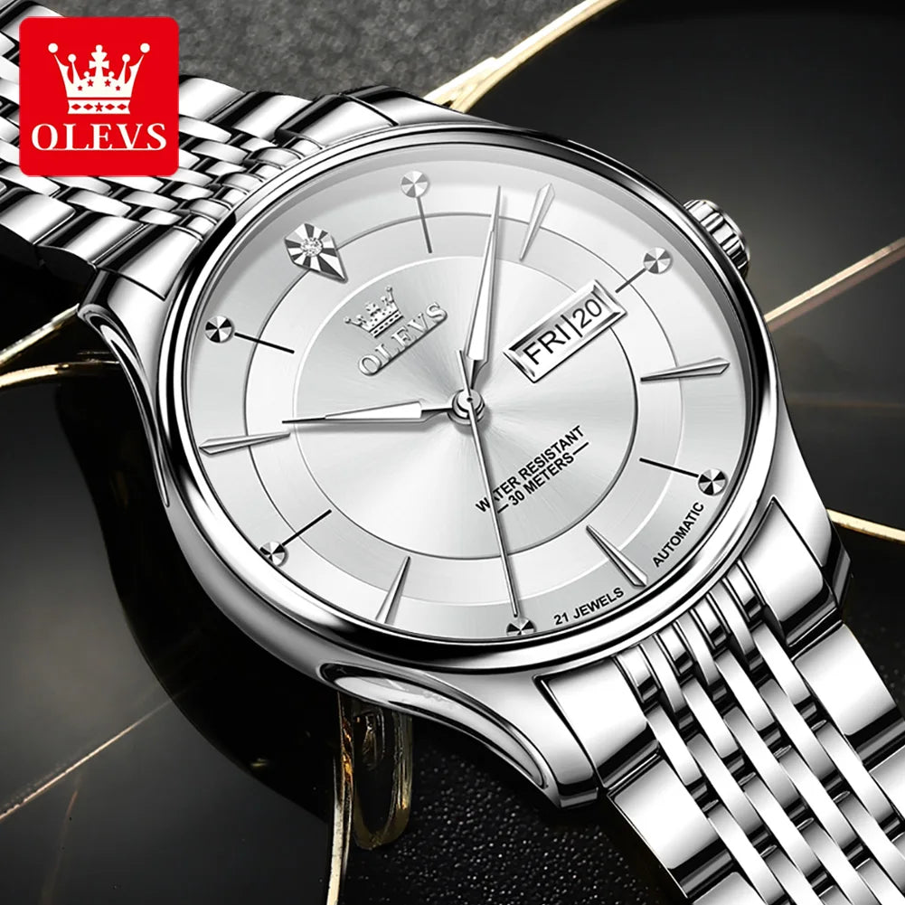 OLEVS 9927 Automatikuhr für Herren Luxus-Doppelkalender Original Mechanische Anzuguhr Wasserdicht Leuchtend Herrenuhren