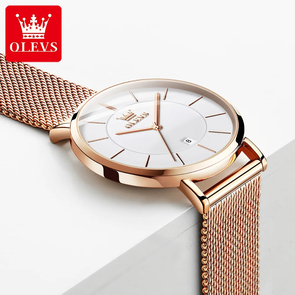 OLEVS Uhr für Damen Japanisches Quarzwerk 6,5 mm Gehäusedicke Wasserdicht Damen Handuhr Kalender Mode-Kleid-Armbanduhr