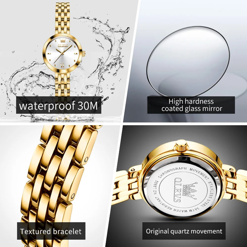 OLEVS 9992 Damenarmbanduhr, schlichte, original wasserdichte Quarzuhr für Damen, Stahlarmband, Luxus-Armbanduhr, hochhärtender Spiegel