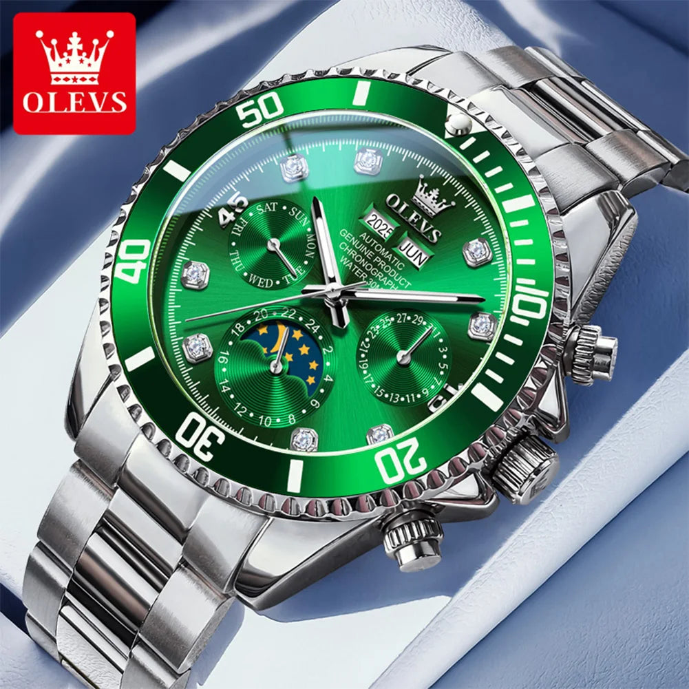 OLEVS 6729 Herren Automatikuhr Luxus Business Mondphase Mechanische Uhr für Herren 30M Wasserdicht Kalender Original Handuhr