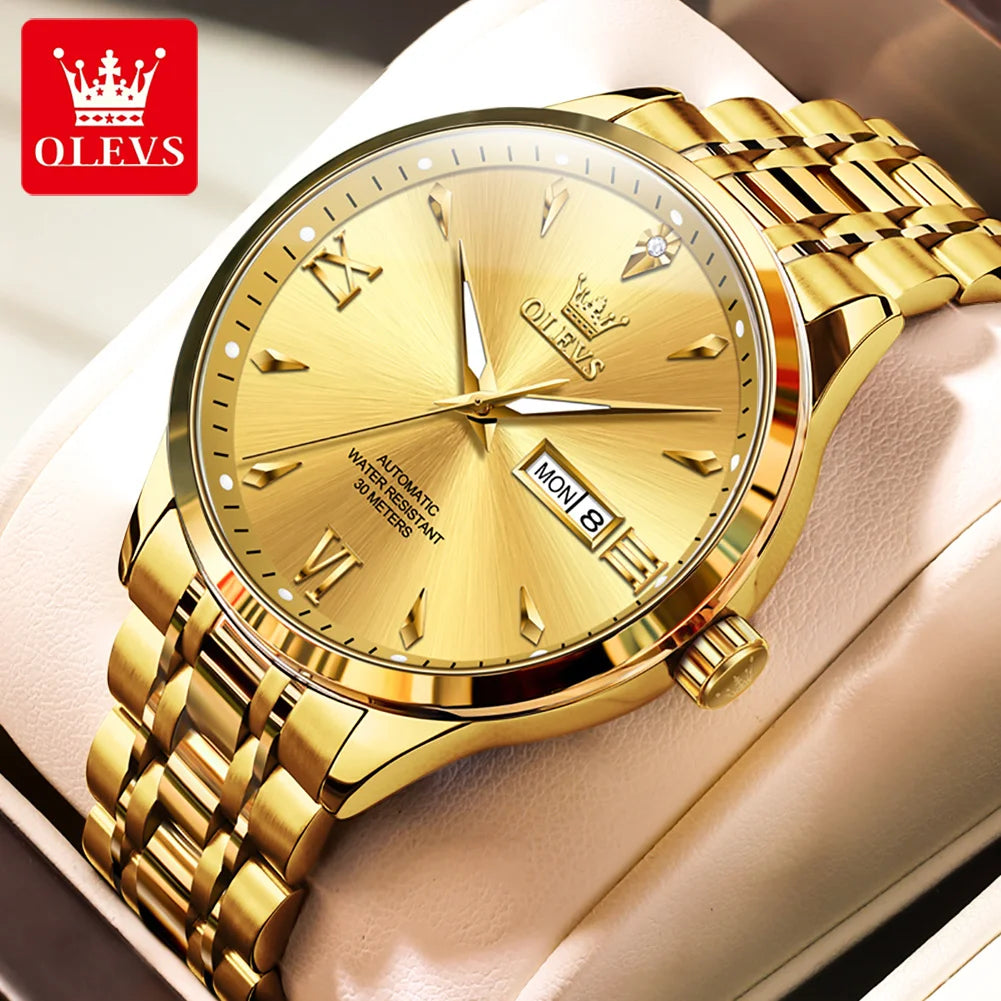 OLEVS 9956 Herrenuhr Stahlarmband Luxus Automatikuhr für Herren Original Mode Wasserdicht Mechanische Uhr Doppelkalender