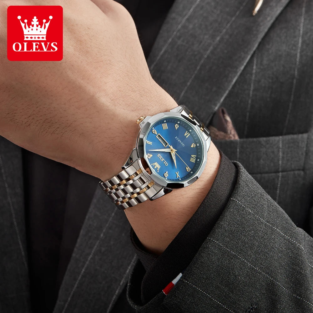 OLEVS 9931 Quarzuhr für Herren, Rauten-Spiegel, wasserdicht, leuchtend, Edelstahl-Armbanduhren, Doppelkalender, Herren-Armbanduhr