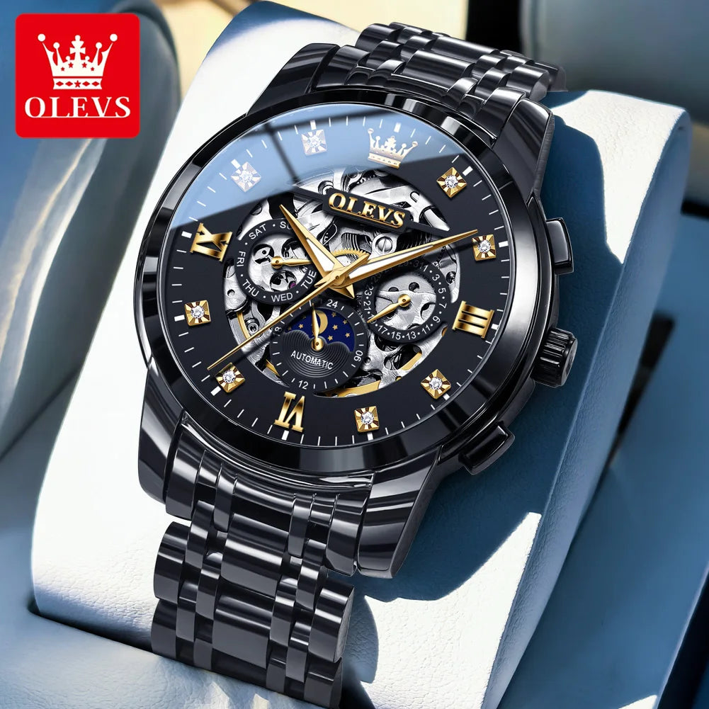 OLEVS 6721 Herrenuhr Mondphase Original Mechanische Herrenuhr Hohl Skeleton Automatisches Datum Wasserdichtes Diamant-Zifferblatt Zeigeruhr