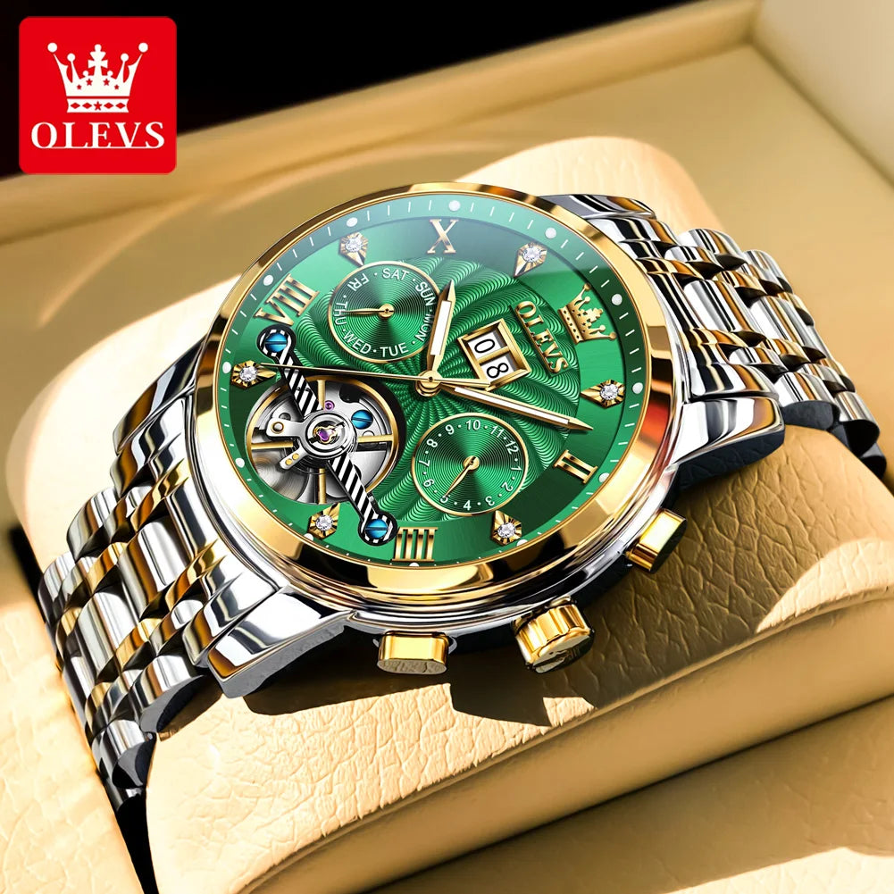 OLEVS 9910 Herrenuhr Luxus Business Mechanische Uhr für Herren Hohl Roman Skala Wasserdicht Leuchtender Kalender Herren-Armbanduhr