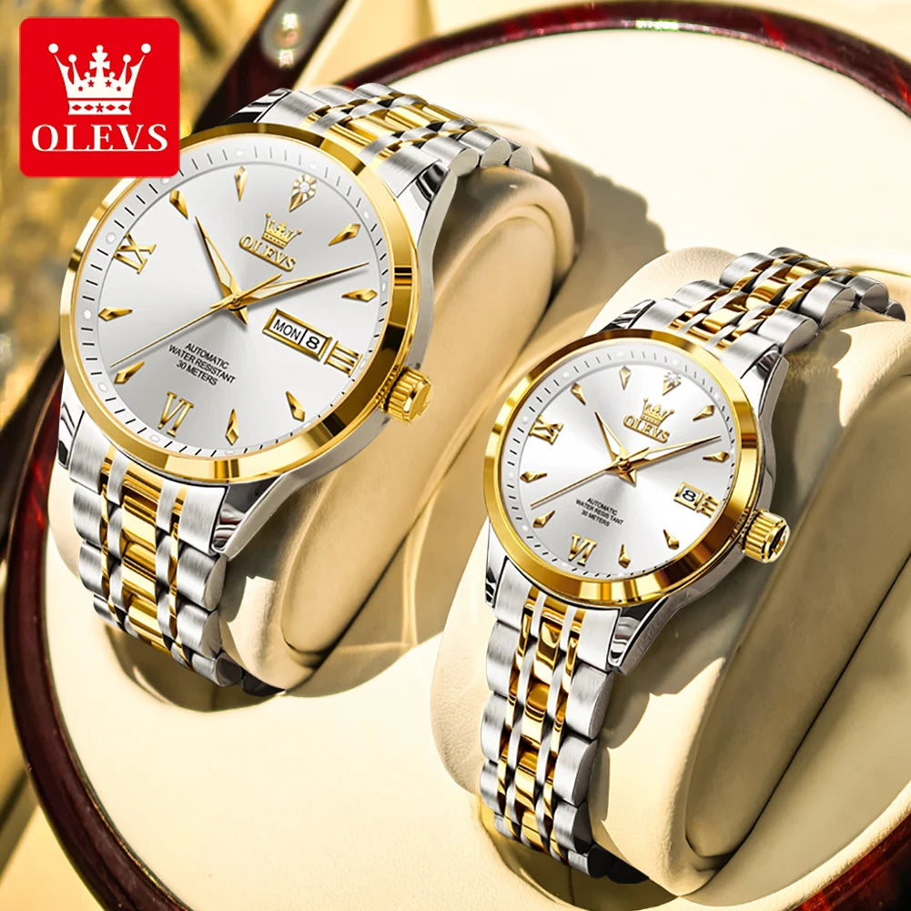 OLEVS 9956 Uhren für Paare Automatische Mechanische Uhren Dual-Kalender Original Edelstahl Zeigeruhr Wasserdicht 9956