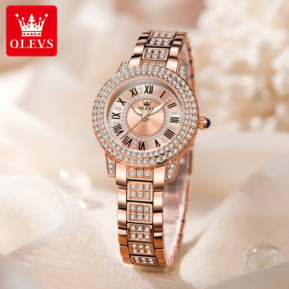 OLEVS Kadın Saatleri Lüks Orijinal Kuvars Bayan Kol Saati Su Geçirmez Rose Gold Çelik Kordon Romen Kadranlı Kadın Saati 9943