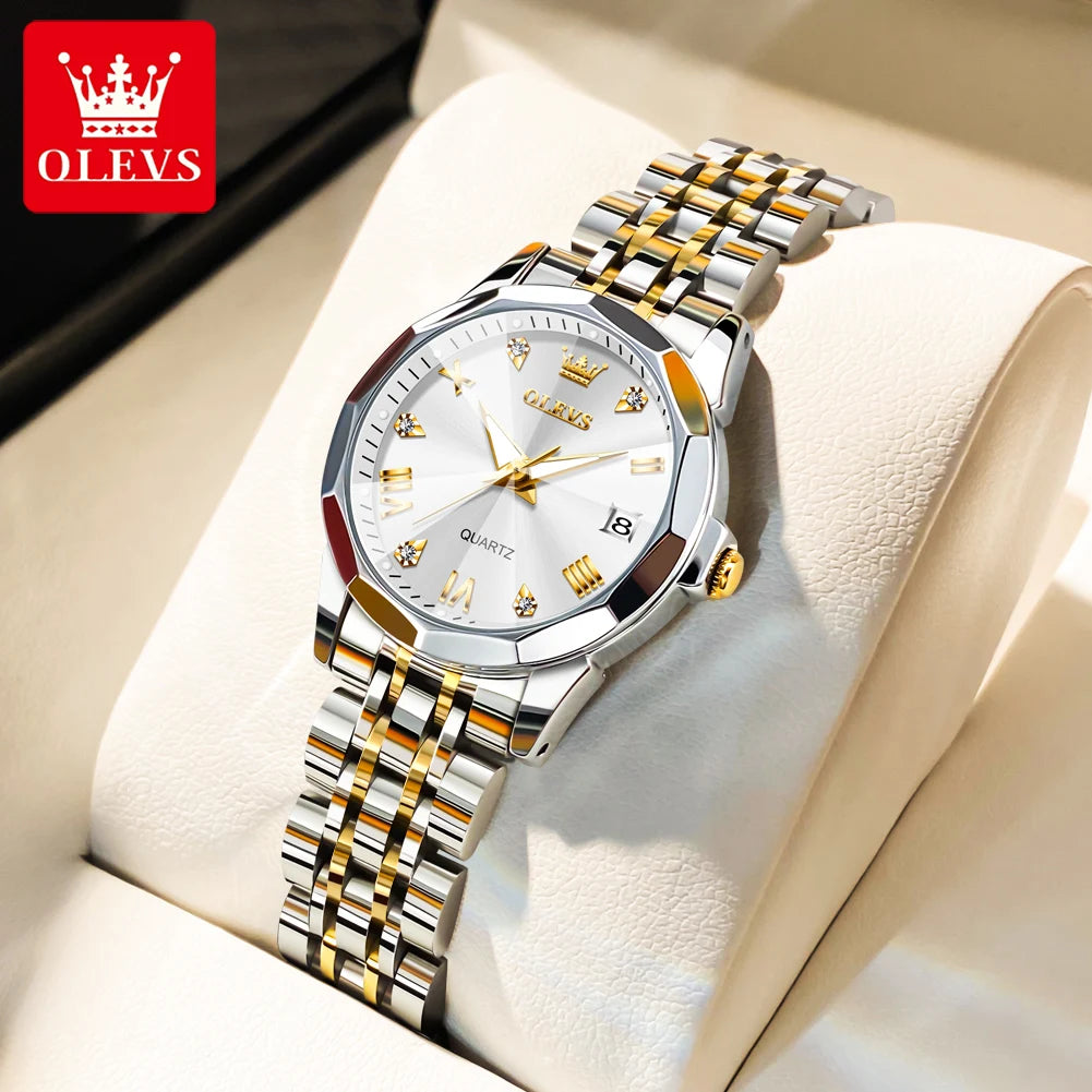 OLEVS 9931 Original Quarzuhren für Damen, Rauten-Spiegel, wasserdicht, leuchtend, Edelstahl-Armbanduhren, Kalender, Neu
