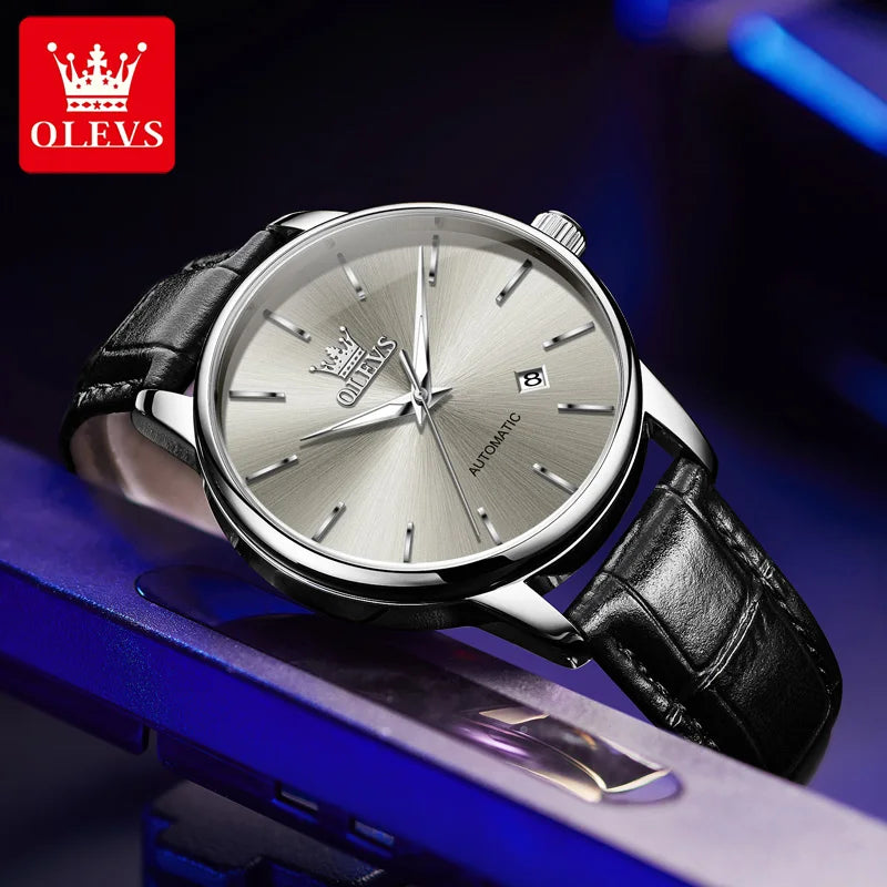 OLEVS 6725 Herren Automatikuhr Klassische Einfache Mechanische Uhr Für Männer Automatisches Datum Original Wasserdichtes Leder Herrenarmbanduhr