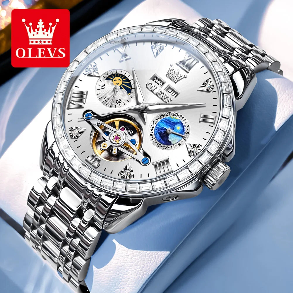 OLEVS Luxus Diamant Skelett Tourbillon Automatik Mechanische Uhr Herren Sternenhimmel Zifferblatt Mondphase Edelstahl Herrenuhr