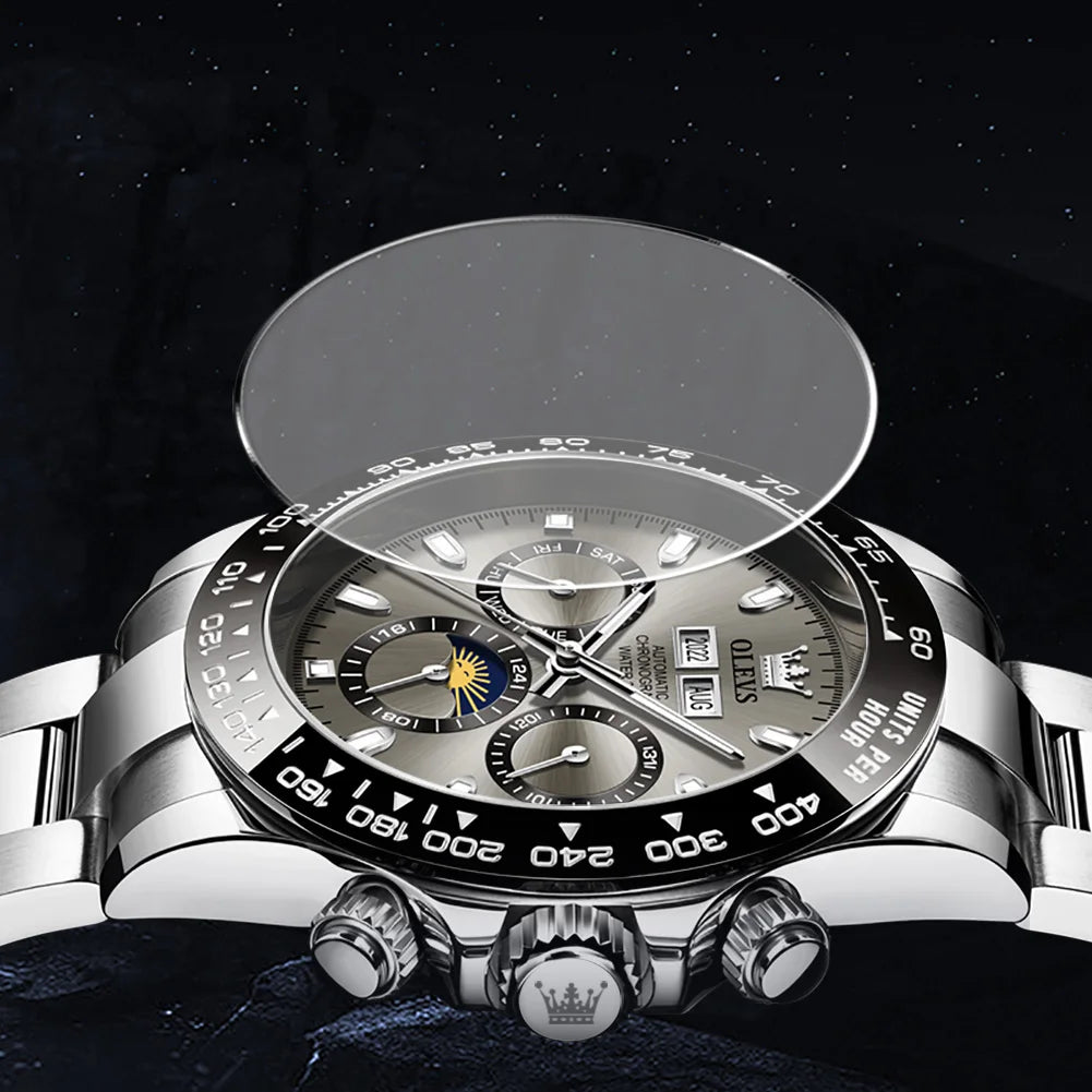 OLEVS 6654 Herrenuhr Wochenkalenderanzeige Automatische mechanische Uhr für Herren Edelstahl Wasserdicht Geschäftsuhr