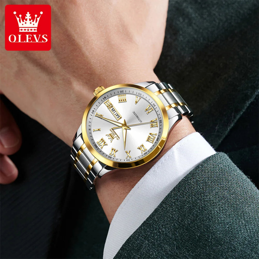 OLEVS 7075 Uhren für Herren Luxus Original Mechanische Uhr für Herren Wochenkalender Wasserdicht Automatische Armbanduhr Edelstahlarmband