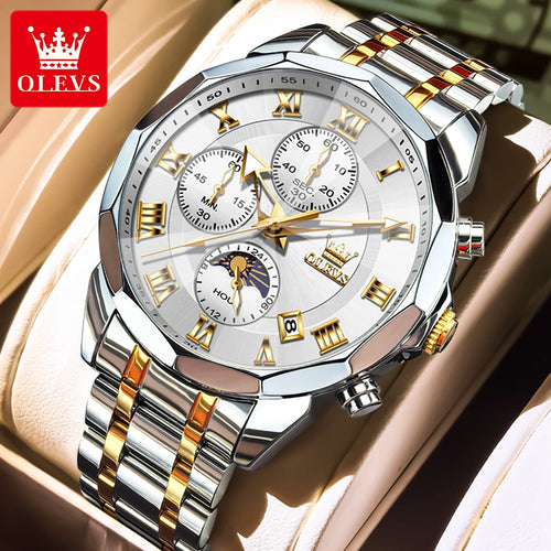 OLEVS 3675 Uhr für Herren, römische Ziffern, luxuriöses Rhombus-Spiegel-Chronograph, Herren-Armbanduhr, Mondphase, Datum, wasserdichte Quarzuhr