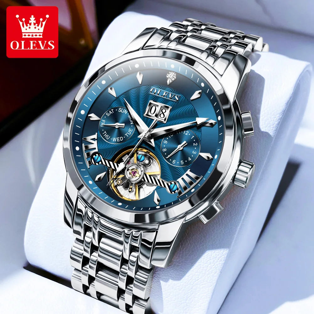 OLEVS 9965 Automatikuhr für Herren, Skelett, Schwungrad, wasserdicht, Herrenuhren, Wochenkalender, Luxus-Herren-Mechanik-Armbanduhr
