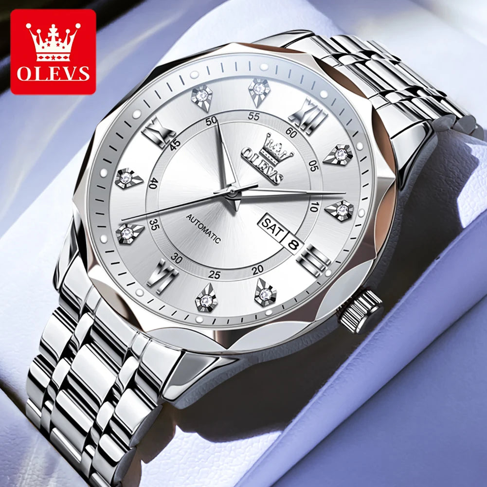 OLEVS 6727 Herren Automatikuhr Luxus Dual Kalender Mechanische Armbanduhr für Herren Zirkonskala Edelstahlarmband Wasserdichte Herrenuhr