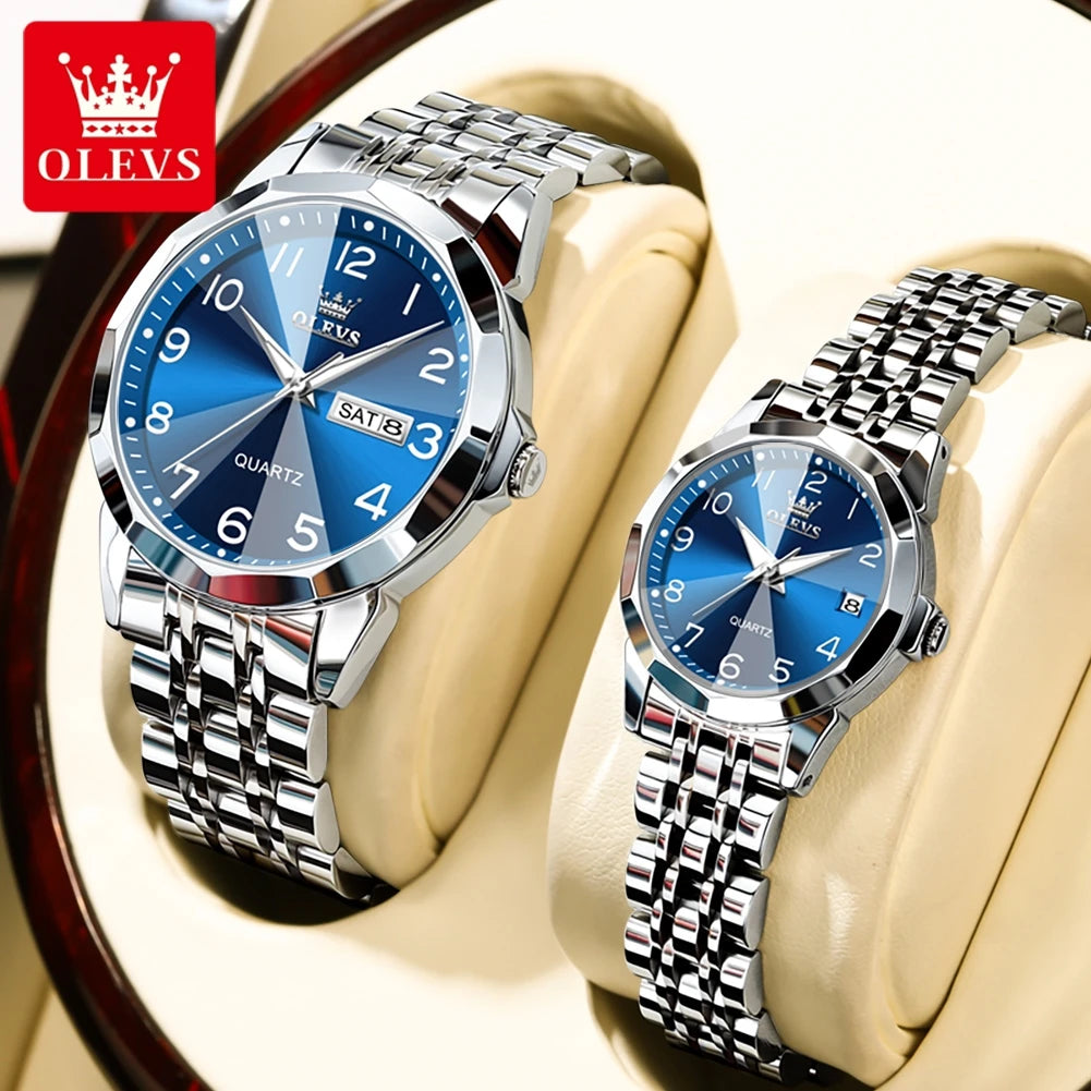 OLEVS 9970 Paar-Armbanduhr für Herren und Damen, luxuriöses Zifferblatt, Rhombus-Spiegel, Quarz-Handuhr, Edelstahl, originale Kleideruhren
