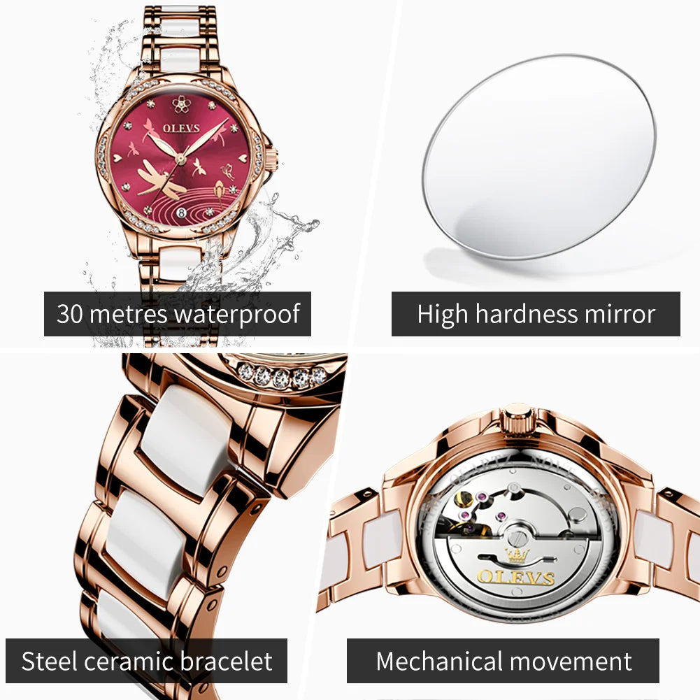 OLEVS Uhren Damen 6610 Automatische Mechanische Uhr Diamantskala Original Uhren für Frauen Kalender Luxus Kleideruhr