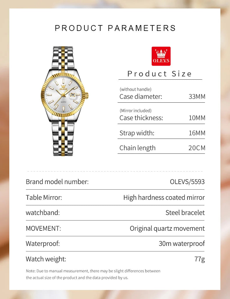 OLEVS 5593 Quarz Damenuhr Top Marke Original Uhr für Frauen Wasserdicht Leuchtend Luxus Kalender Edelstahl Zeigeruhr