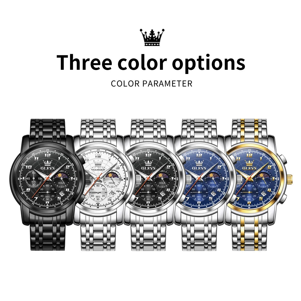 OLEVS Herrenuhren Business Original Multifunktions-Quarzuhr Wasserdicht Leuchtende Mondphase Herrenuhr Reloj 2983
